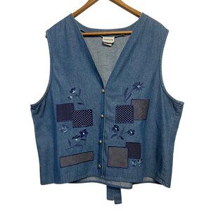 VTG Bon Worth Women Denim Vest Floral  Geometric Embroidery Button Front Size XL